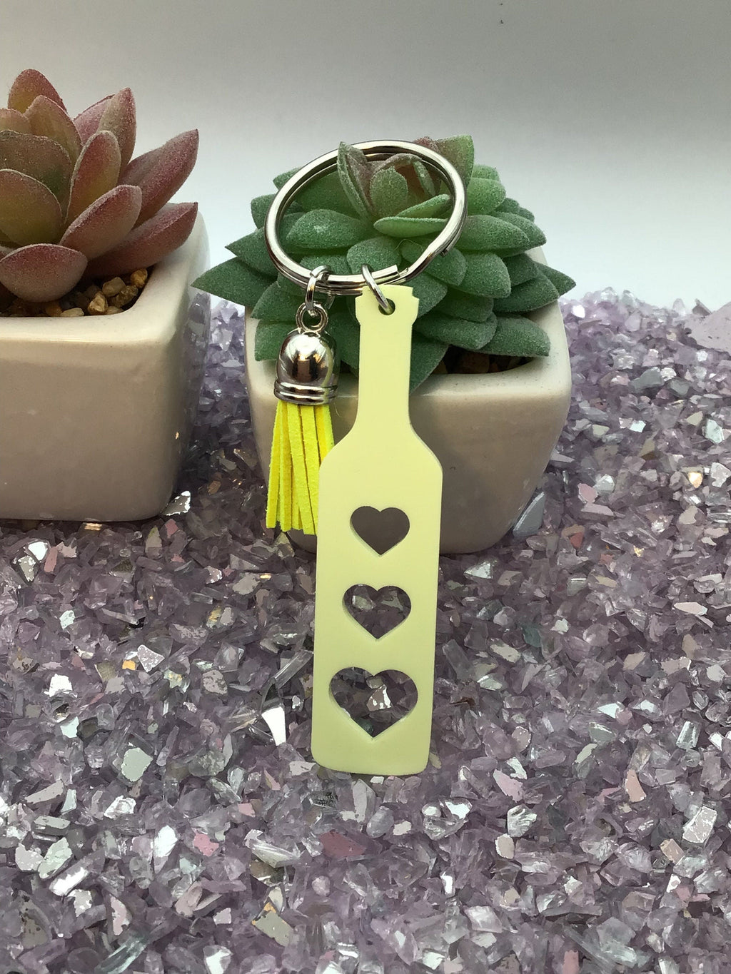 Heart Paddle Keyring, Buttercup Yellow Acrylic w/Neon Yellow Tassel
