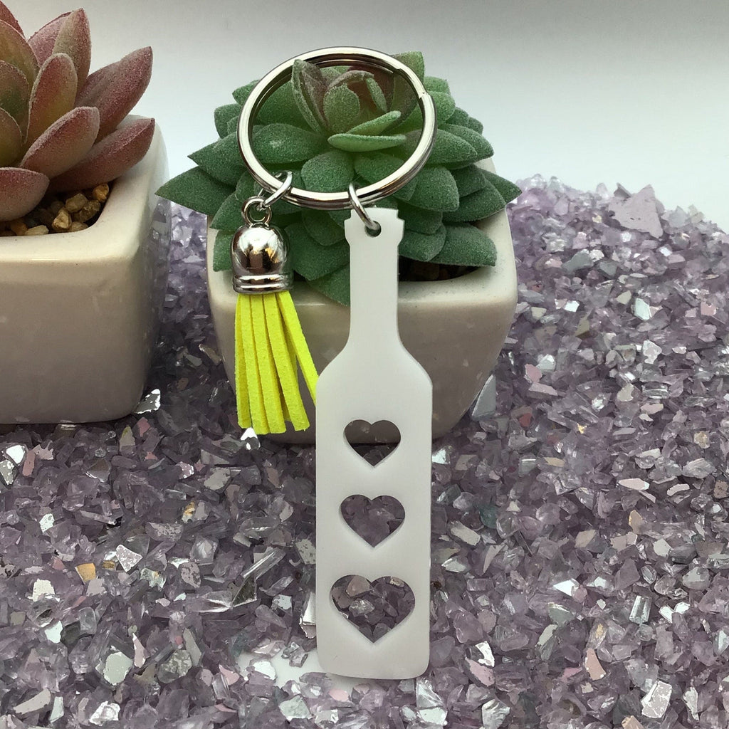 Heart Paddle Keyring, White Acrylic w/Neon Yellow Tassel