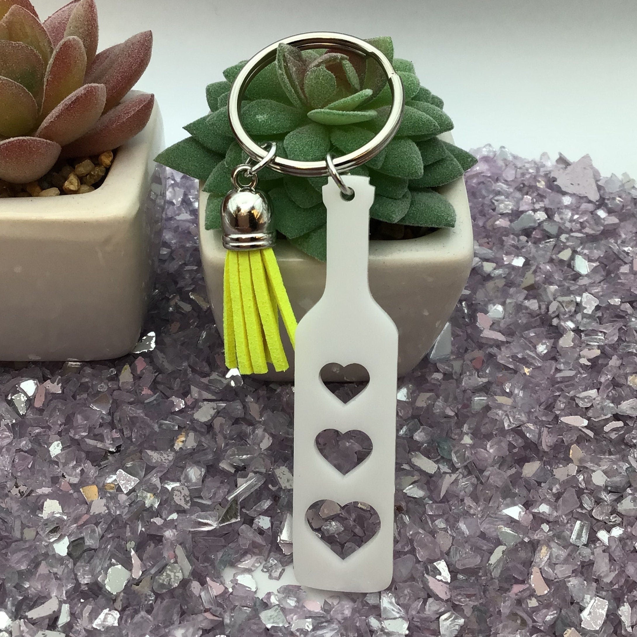 Heart Paddle Keyring, White Acrylic w/Neon Yellow Tassel