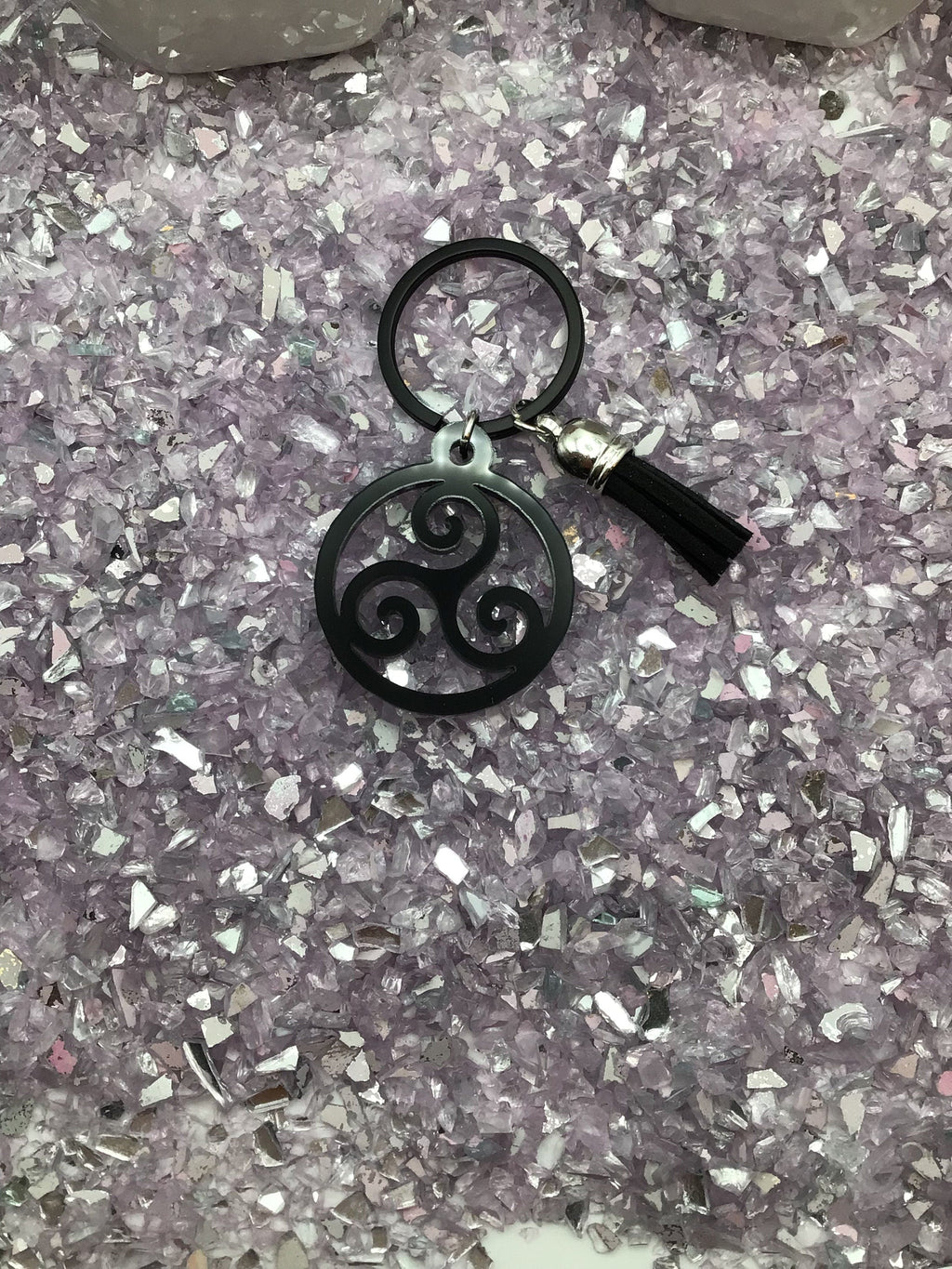 Triskelion Keyring, Black Acrylic & Tassel