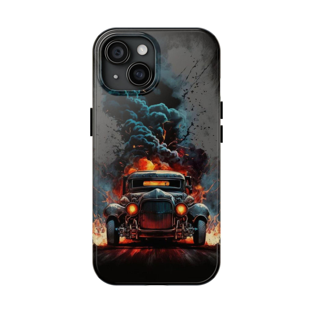Revving Flames: A Hot Rod Phone Cover Featuring Intense Fire and Smoke Effects