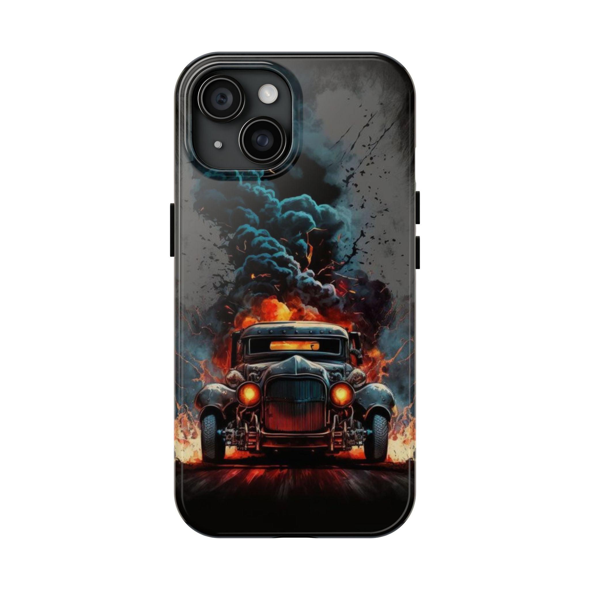 Revving Flames: A Hot Rod Phone Cover Featuring Intense Fire and Smoke Effects