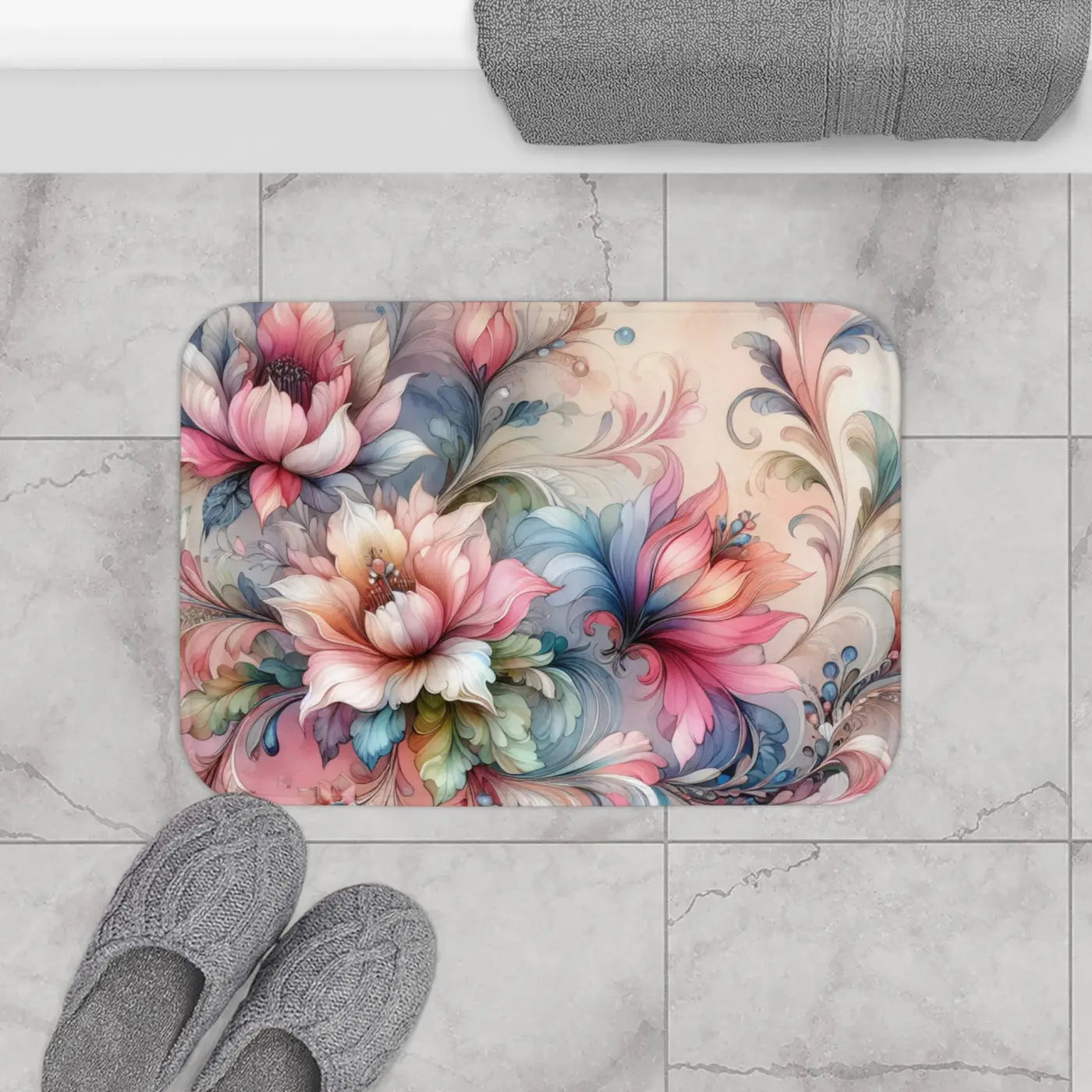 Floral Bath Mat - Watercolor Microfiber Design - DipaliZ