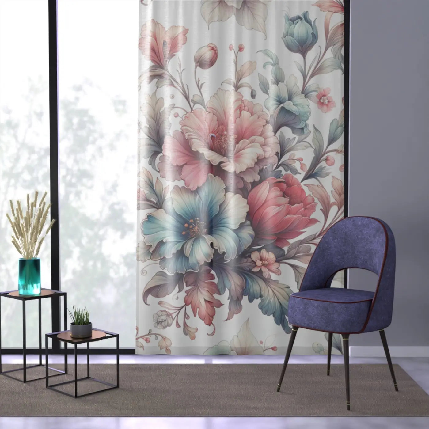 Watercolor Large Flowers Window Curtain - Polyester - DipaliZ