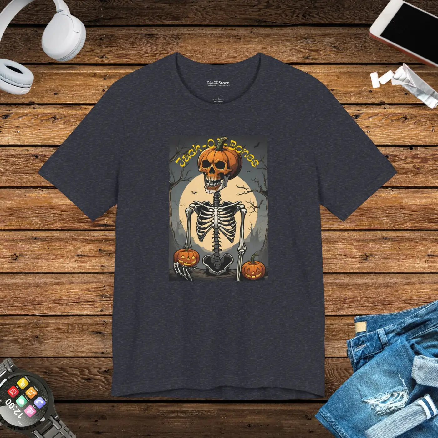 Jack O Bones Unisex Jersey Tee - Halloween Skeleton Design - DipaliZ