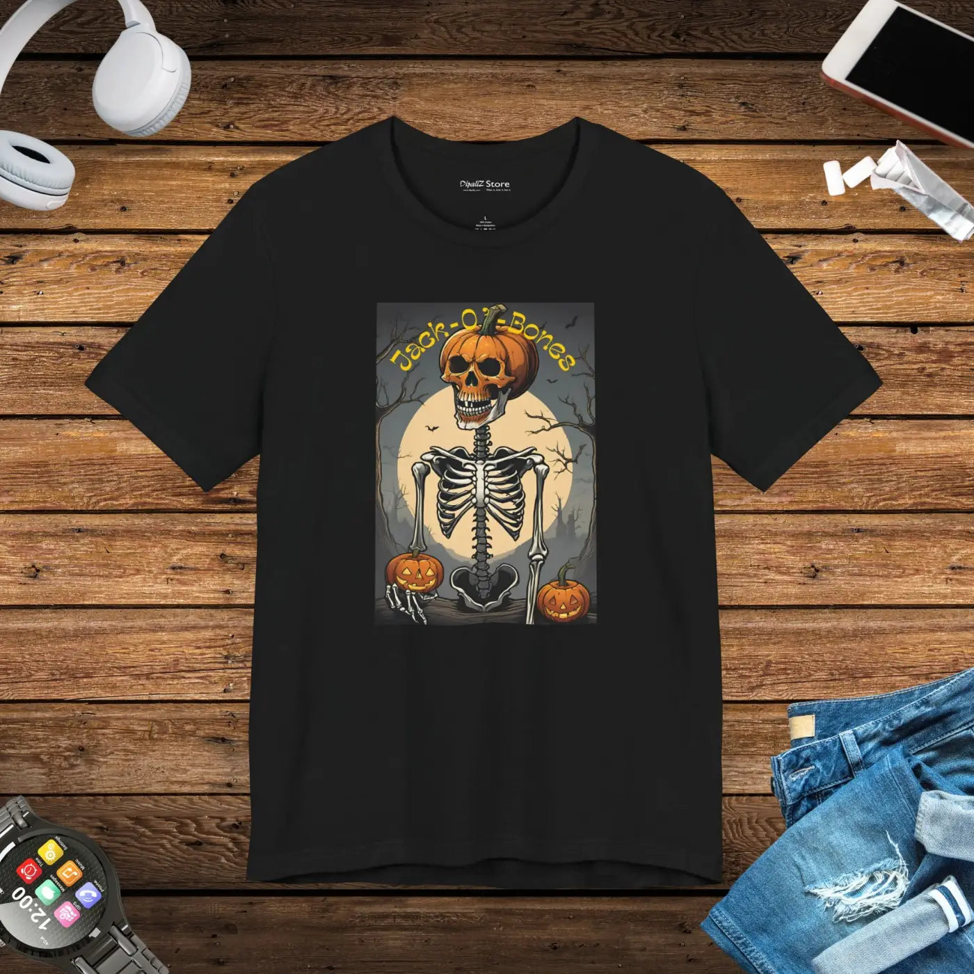 Jack O Bones Unisex Jersey Tee - Halloween Skeleton Design - DipaliZ