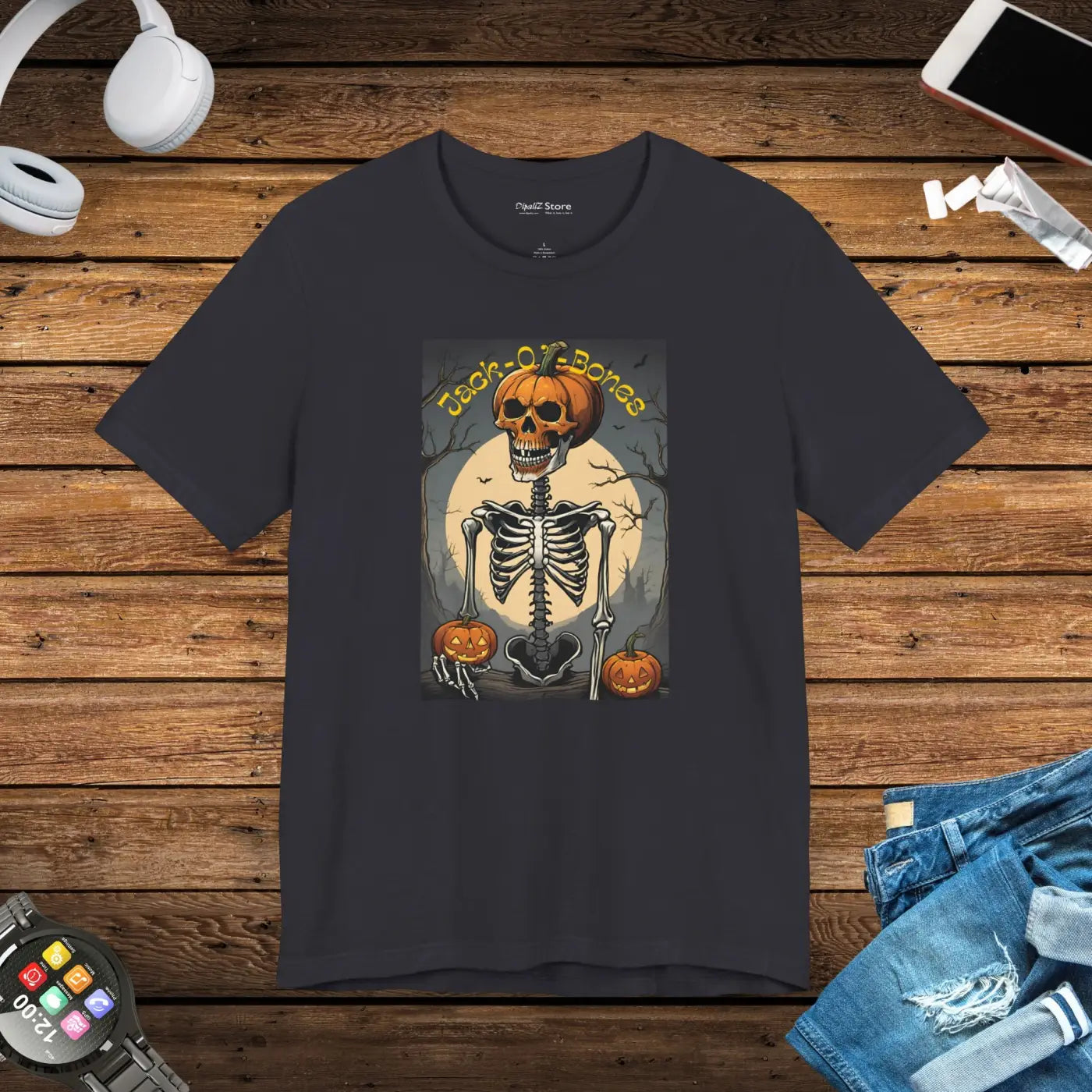 Jack O Bones Unisex Jersey Tee - Halloween Skeleton Design - DipaliZ