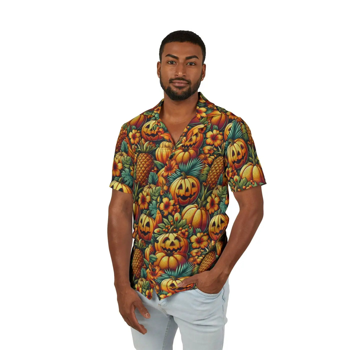 Hawaiian Camp Shirt - Jack Lantern Palm Leaves Summer - DipaliZ
