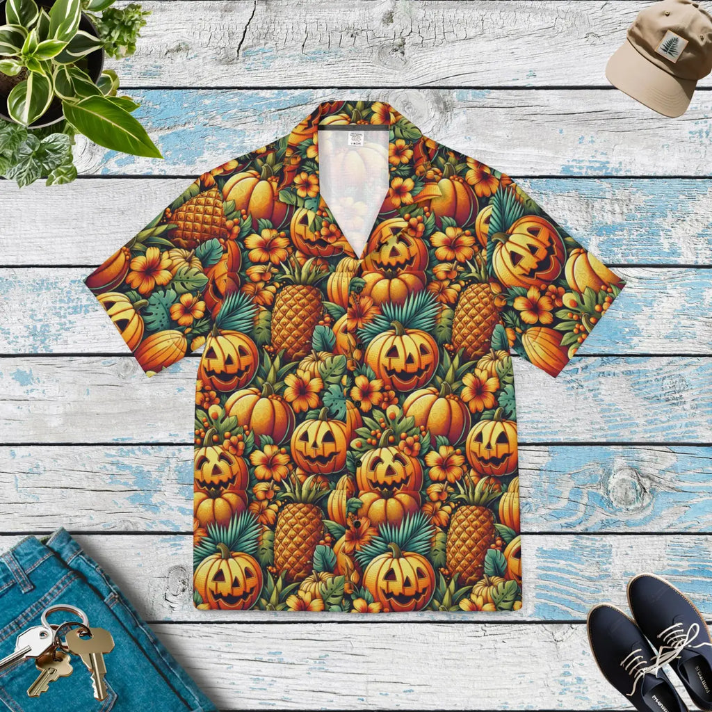 Hawaiian Camp Shirt - Jack Lantern Palm Leaves Summer - DipaliZ