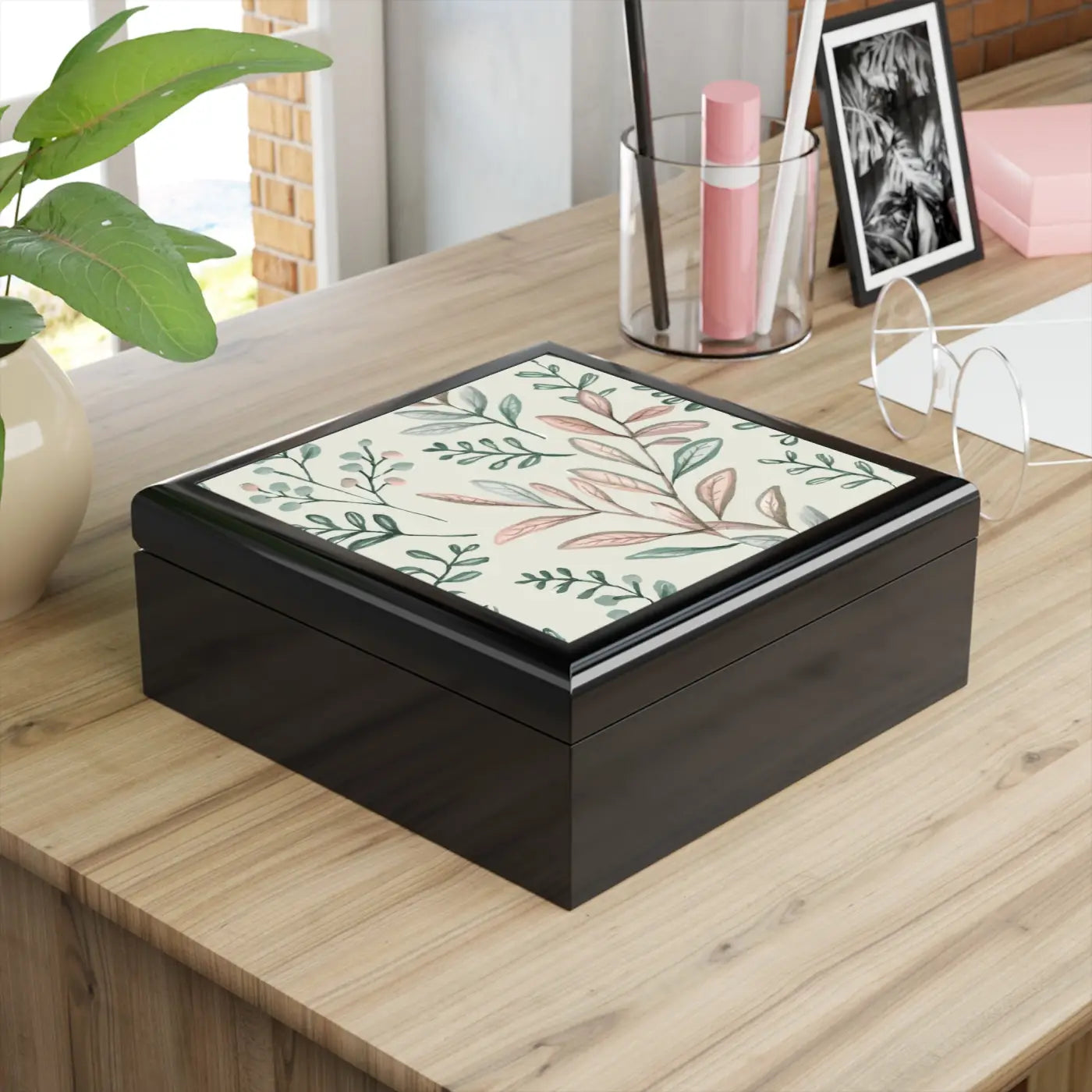 Luxury Dual-Hinge Jewelry Safe - Glossy Finish Leafy Design - DipaliZ
