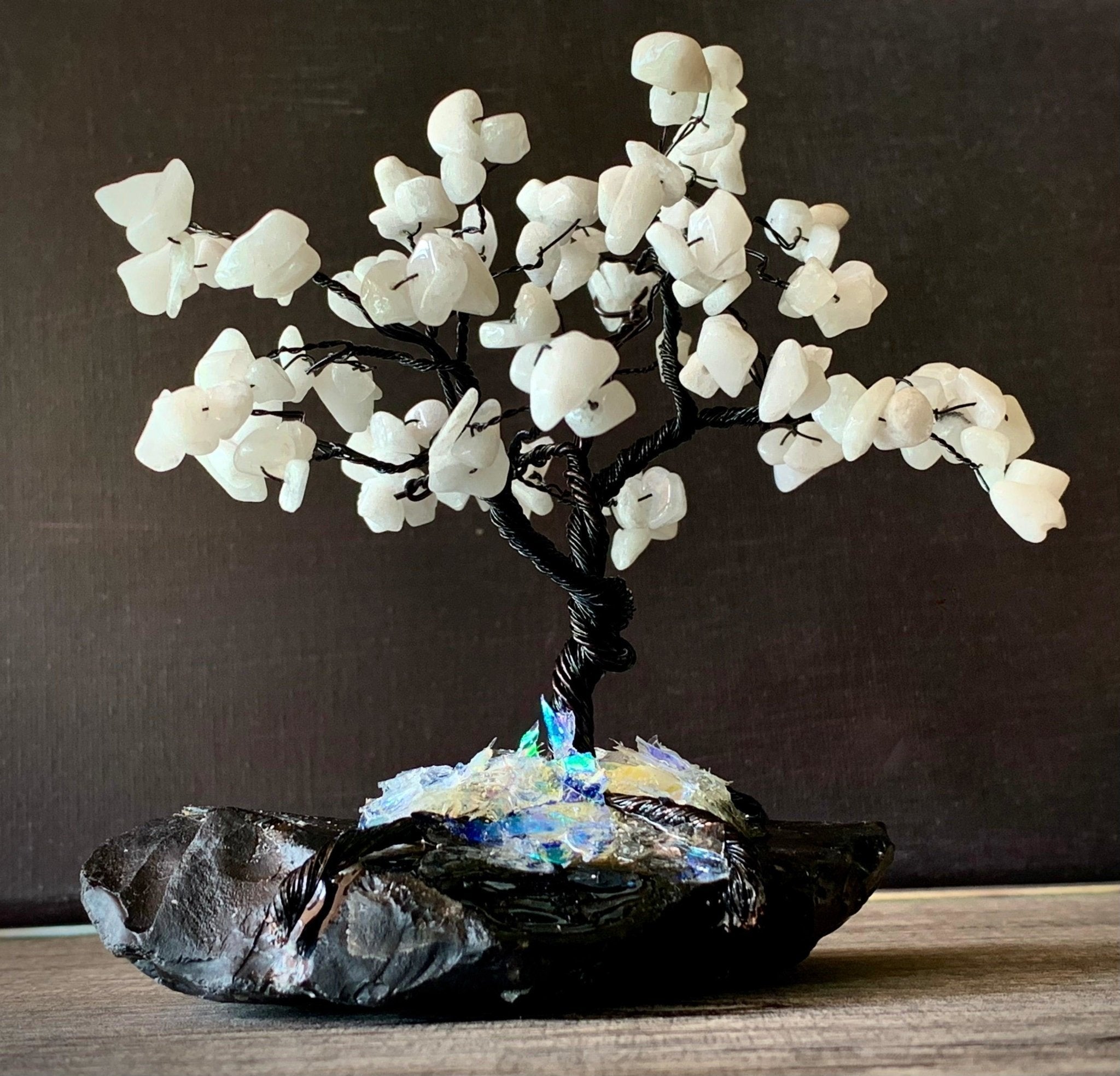Joy- Handmade White Jade 5" Mini Gemstone Tree Sculpture Mounted on Raw Obsidian