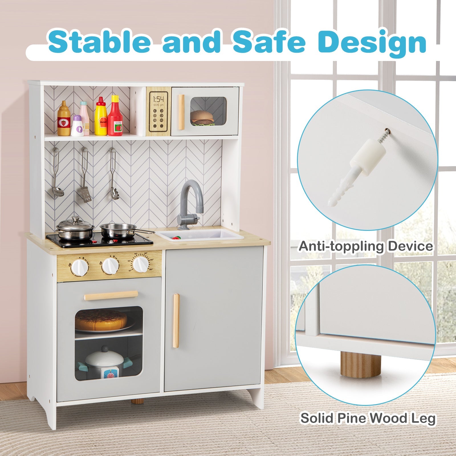 Kids Kitchen Playset with Lights Sounds Microwave Stoves Sink Oven and Cooking Accessories-White