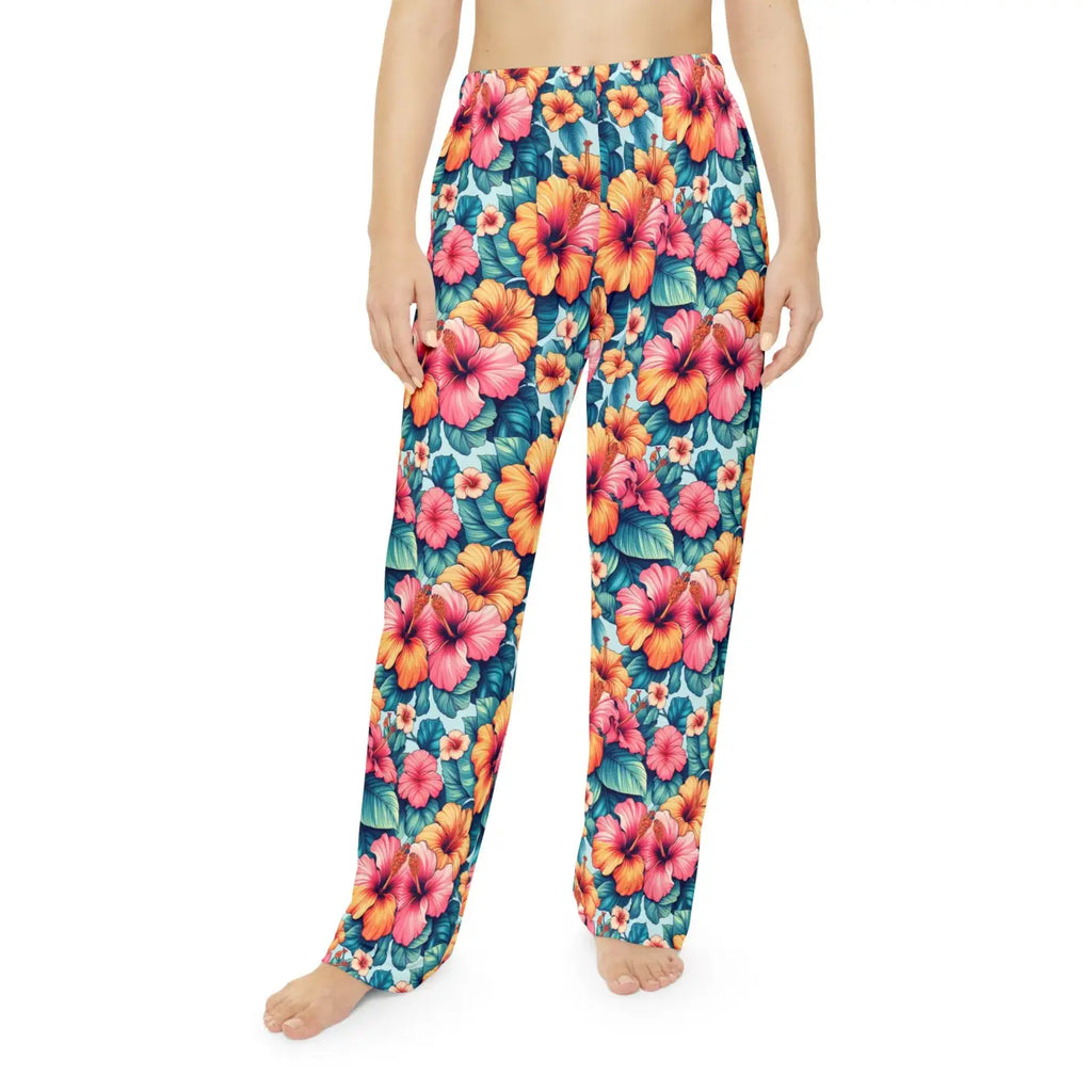 Vibrant Floral Pajama Pants - Large Hibiscus Print - DipaliZ