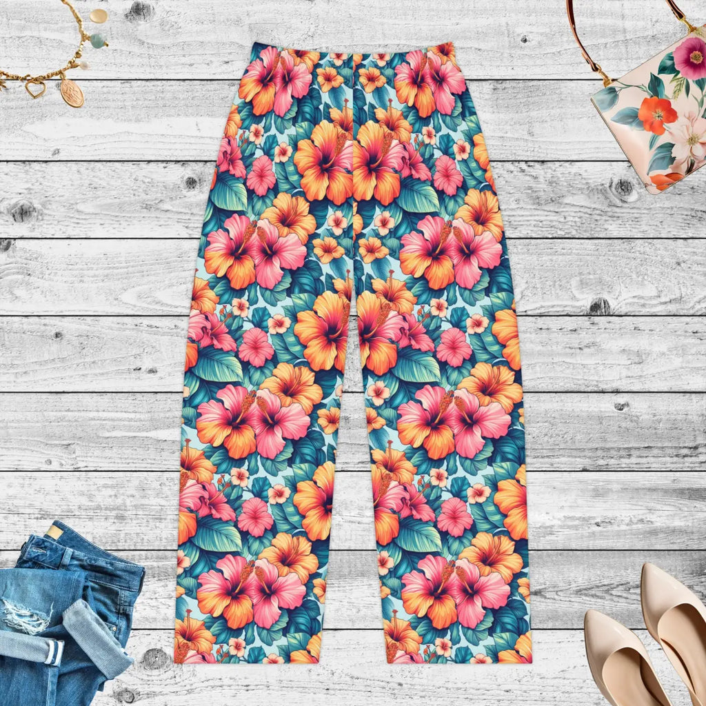 Vibrant Floral Pajama Pants - Large Hibiscus Print - DipaliZ