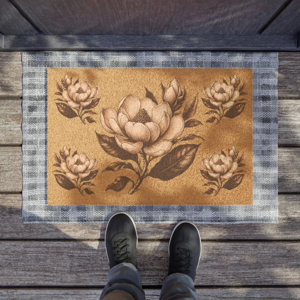 Large Magnolia Tufted Coir Doormat - Elegant Flower Design - DipaliZ