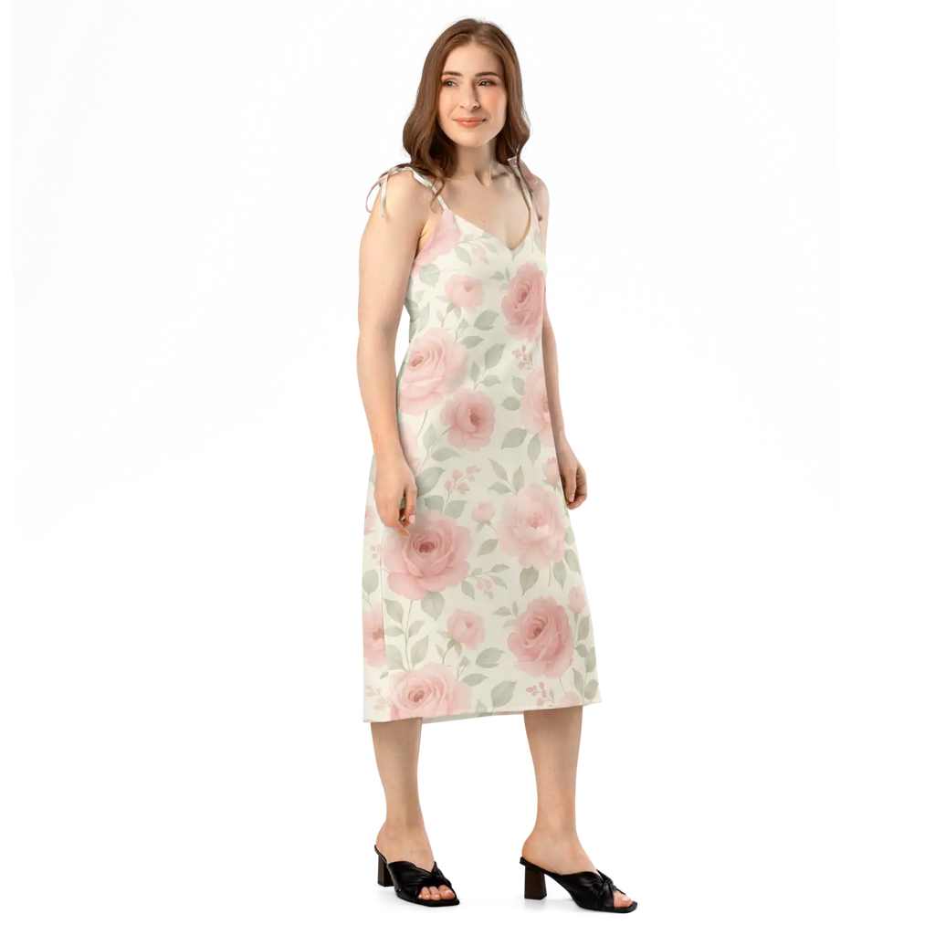 Midi Dress with Large Pink Roses and Built-In Bra - DipaliZ