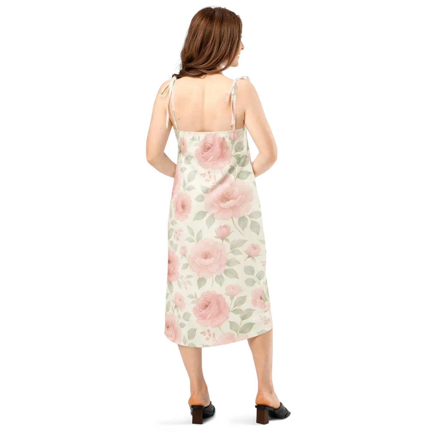 Midi Dress with Large Pink Roses and Built-In Bra - DipaliZ