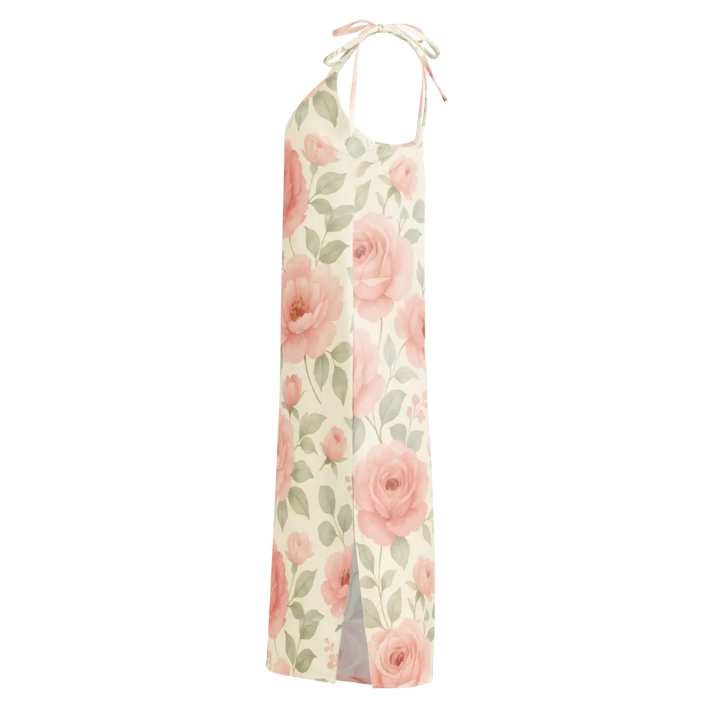 Midi Dress with Large Pink Roses and Built-In Bra - DipaliZ