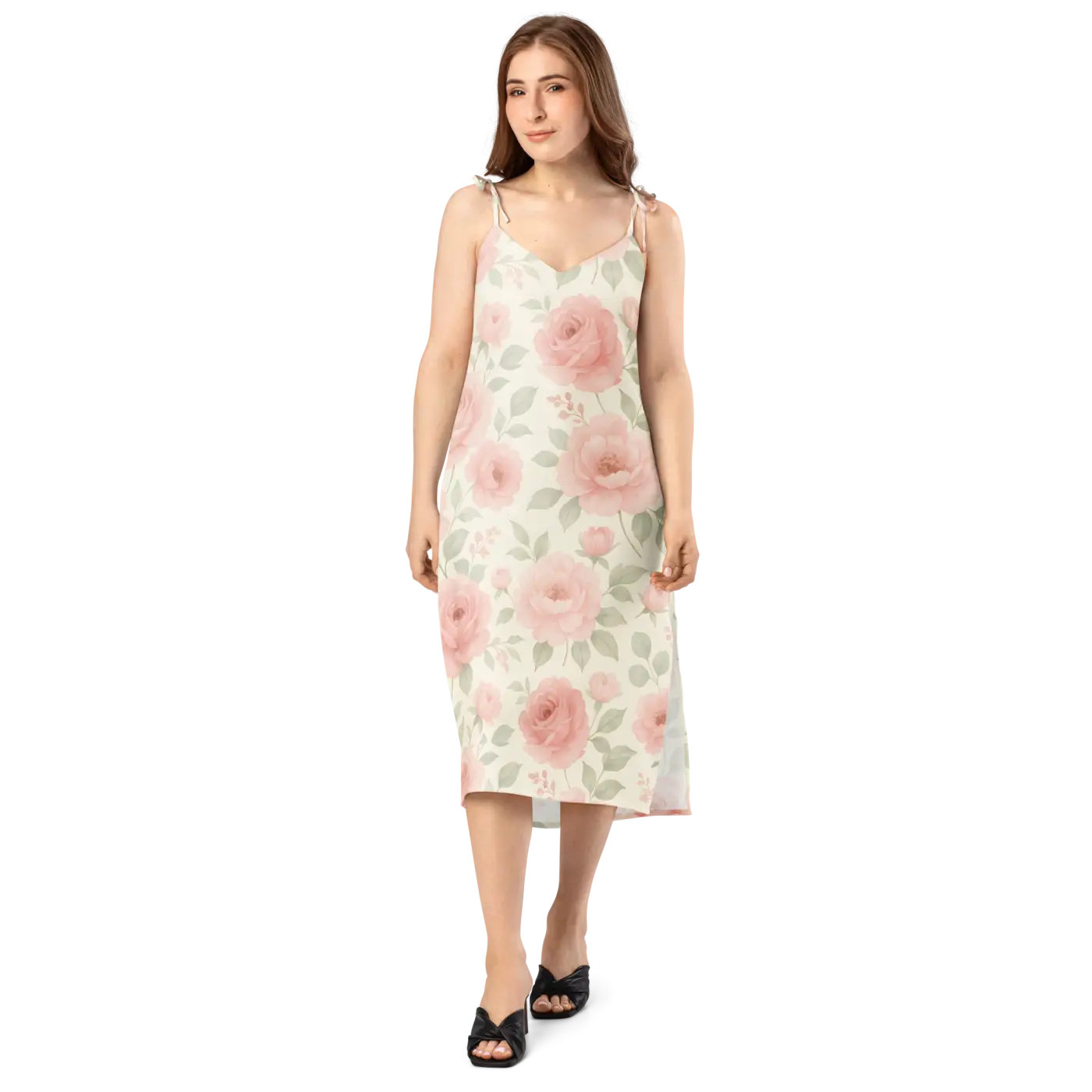 Midi Dress with Large Pink Roses and Built-In Bra - DipaliZ