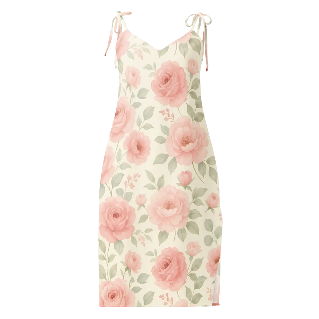 Midi Dress with Large Pink Roses and Built-In Bra - DipaliZ