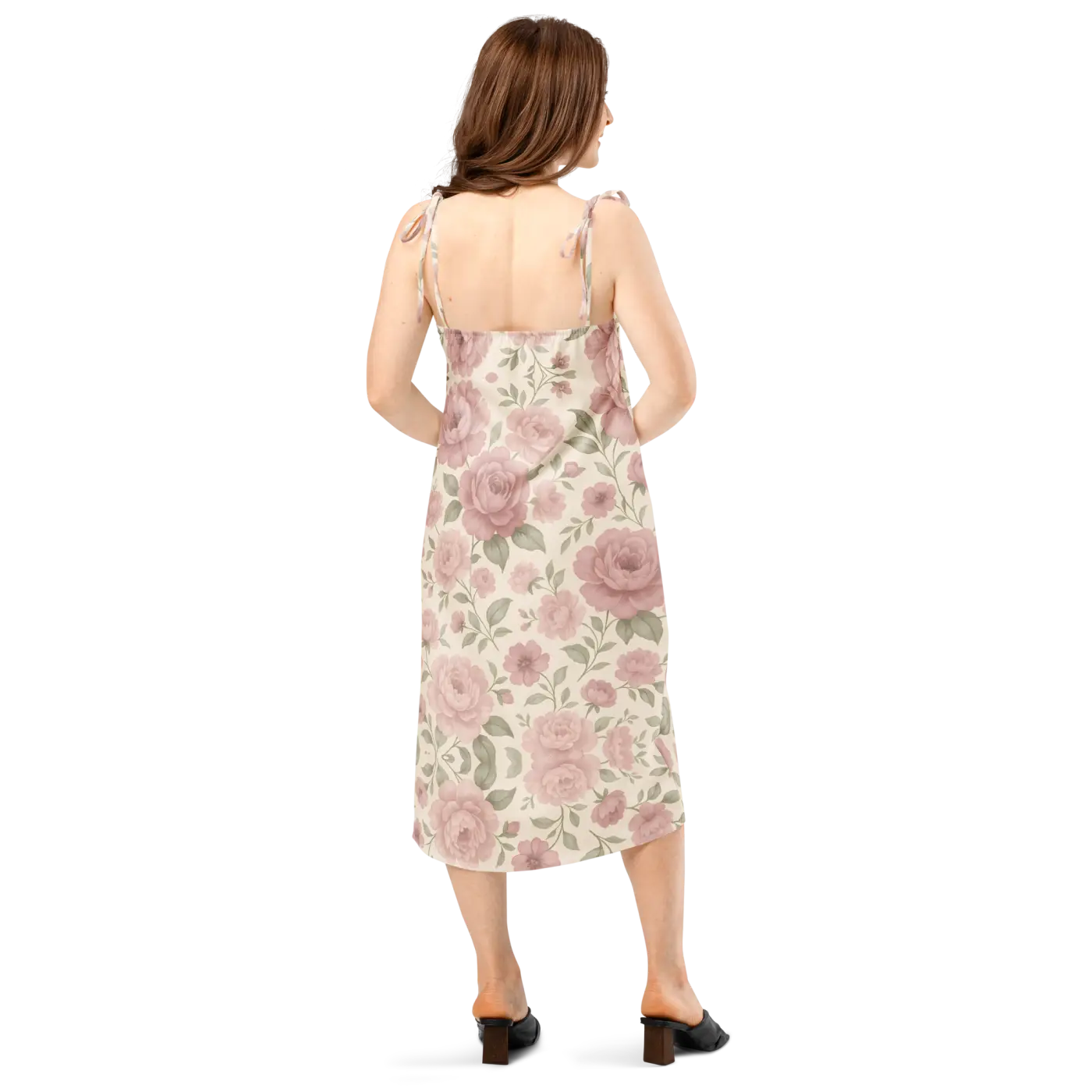 Large Pink Roses Midi Dress with Built-In Bra - DipaliZ