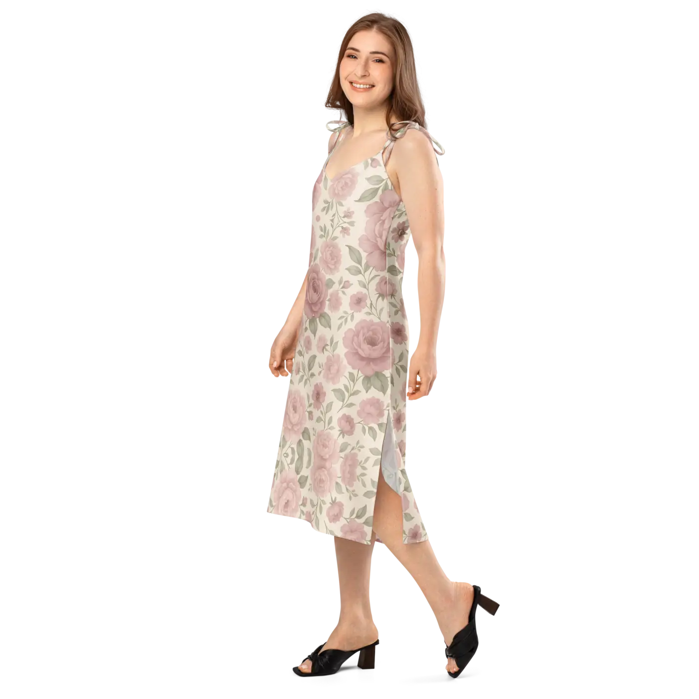 Large Pink Roses Midi Dress with Built-In Bra - DipaliZ