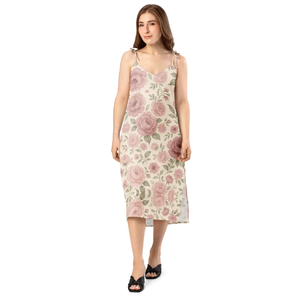 Large Pink Roses Midi Dress with Built-In Bra - DipaliZ