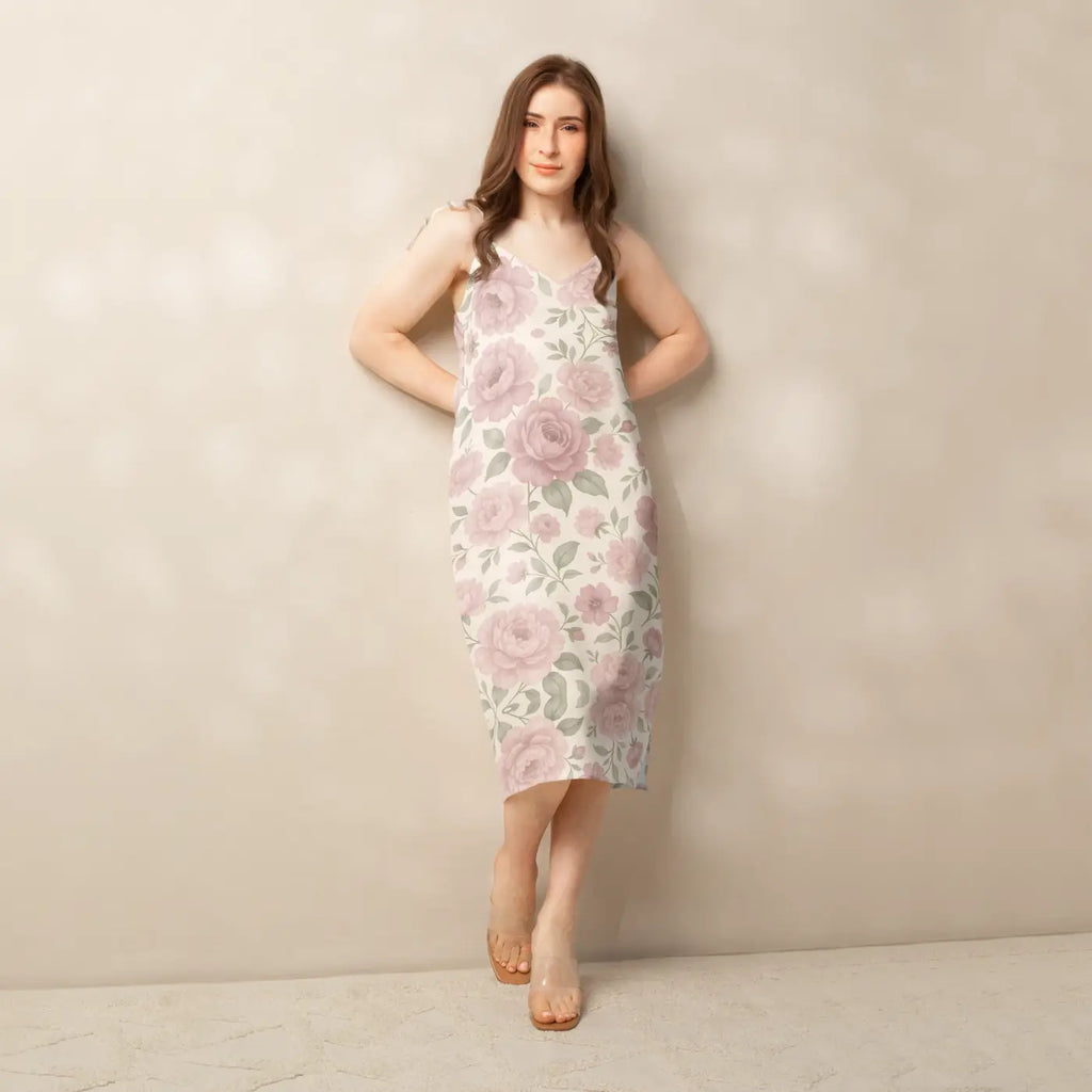 Large Pink Roses Midi Dress with Built-In Bra - DipaliZ