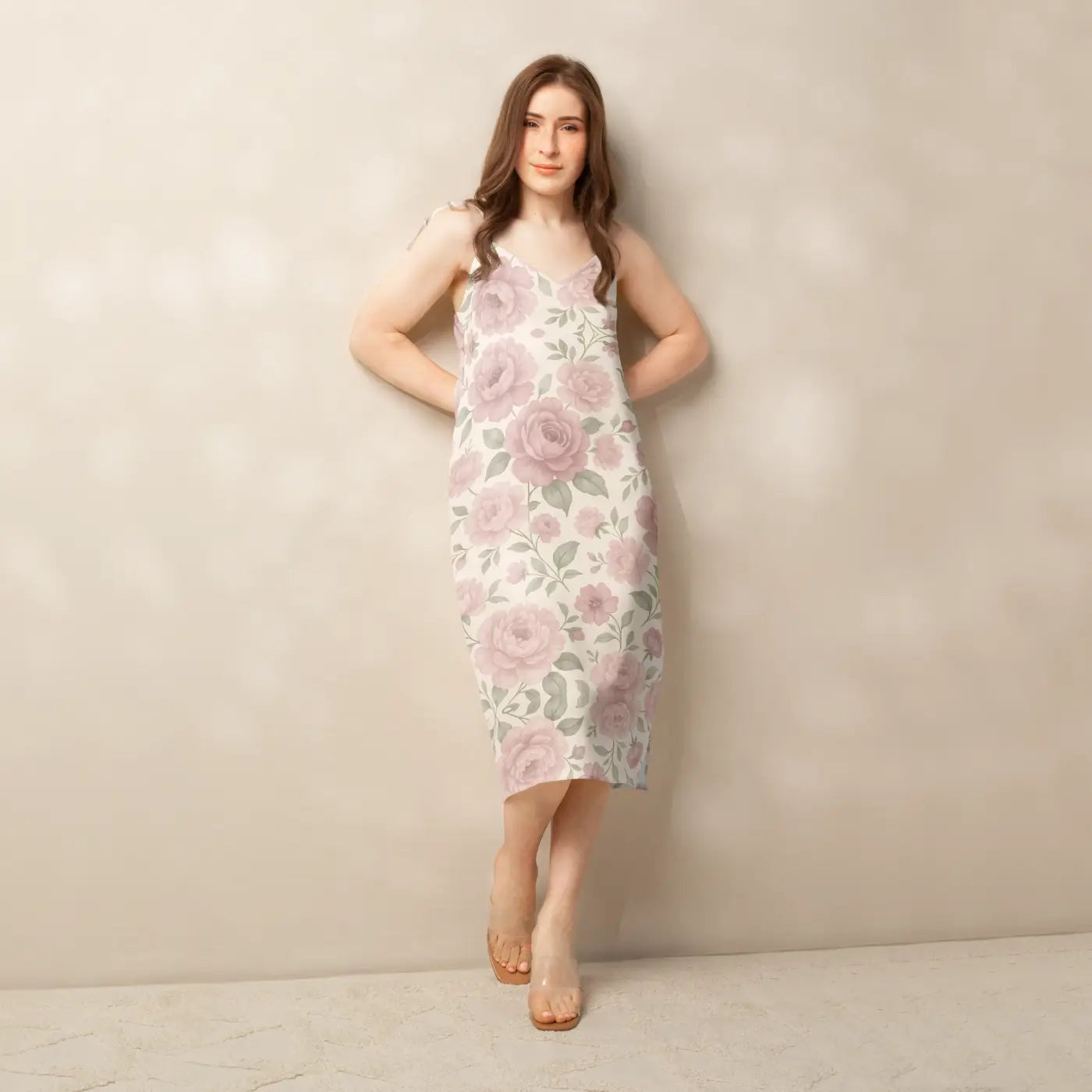 Large Pink Roses Midi Dress with Built-In Bra - DipaliZ