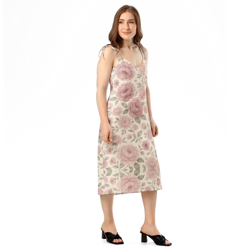 Large Pink Roses Midi Dress with Built-In Bra - DipaliZ
