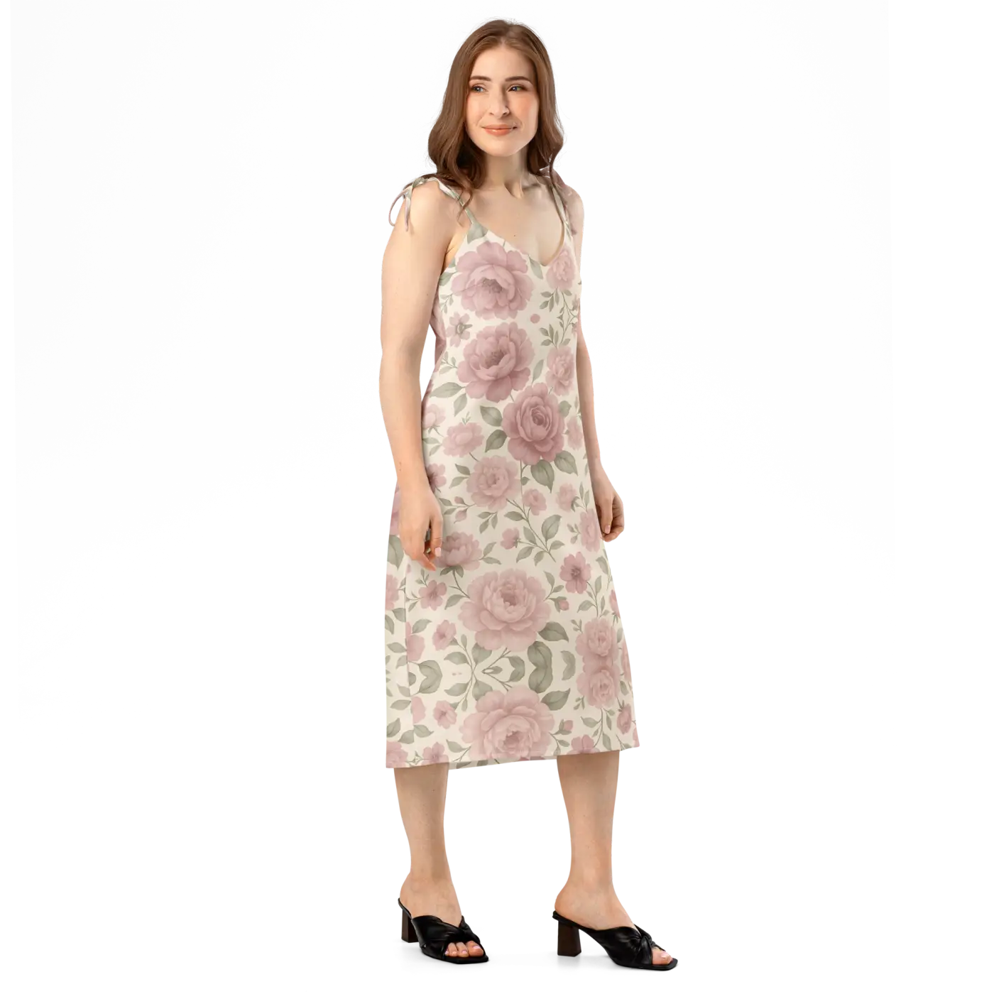 Large Pink Roses Midi Dress with Built-In Bra - DipaliZ