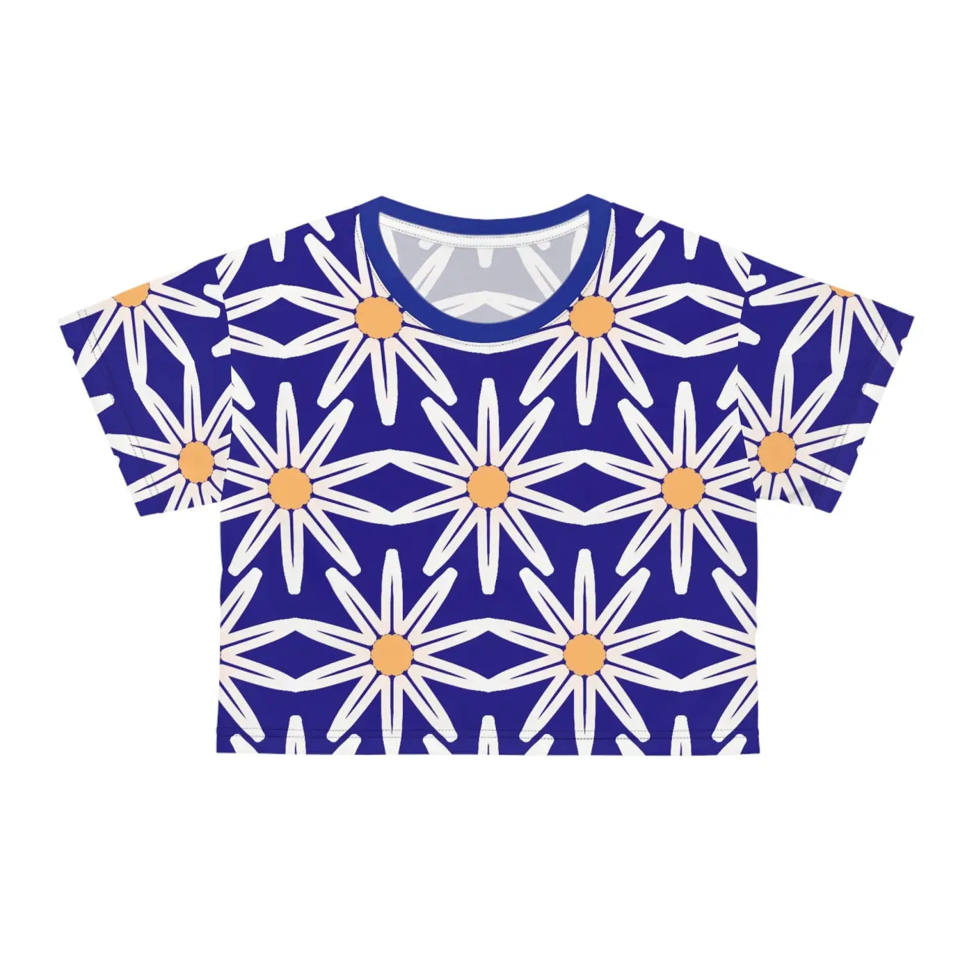 Vibrant Crop Tee - Large White Flowers Silky Polyester - DipaliZ
