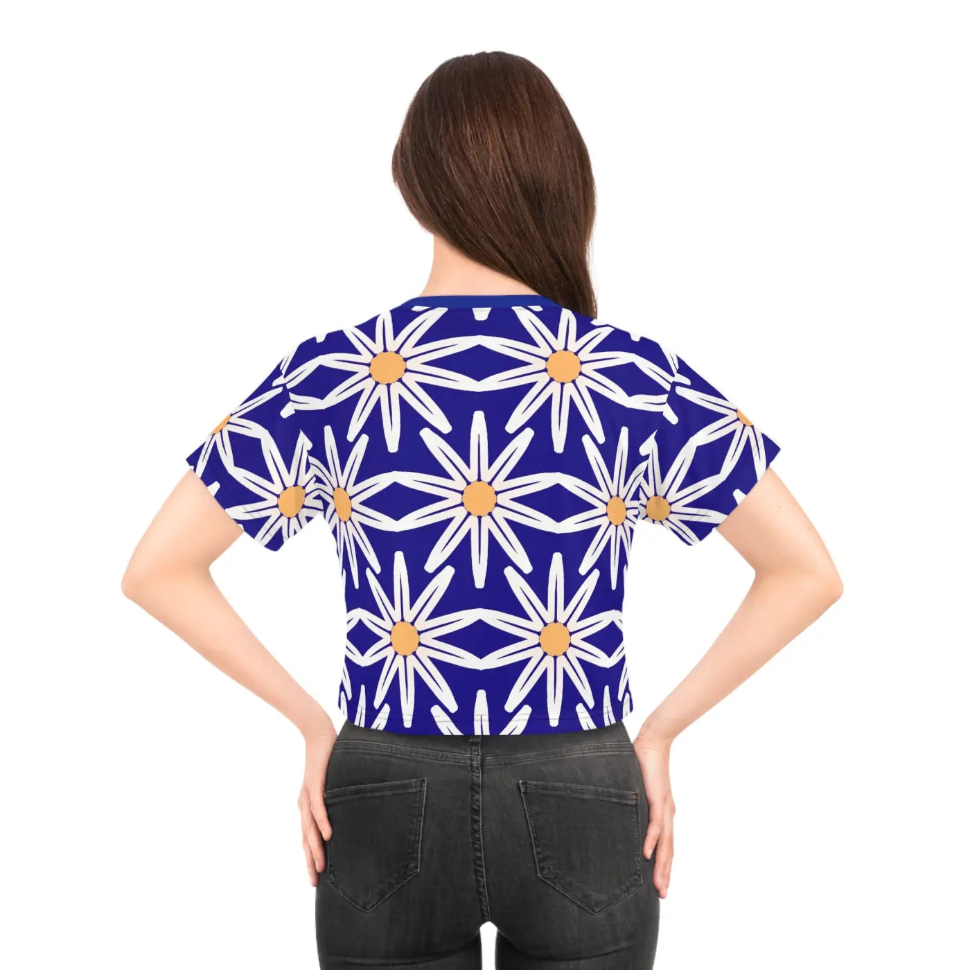 Vibrant Crop Tee - Large White Flowers Silky Polyester - DipaliZ