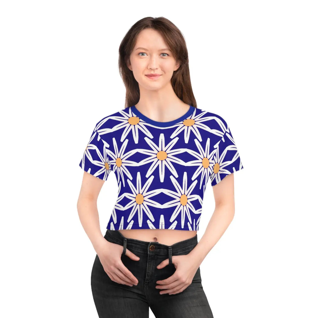Vibrant Crop Tee - Large White Flowers Silky Polyester - DipaliZ
