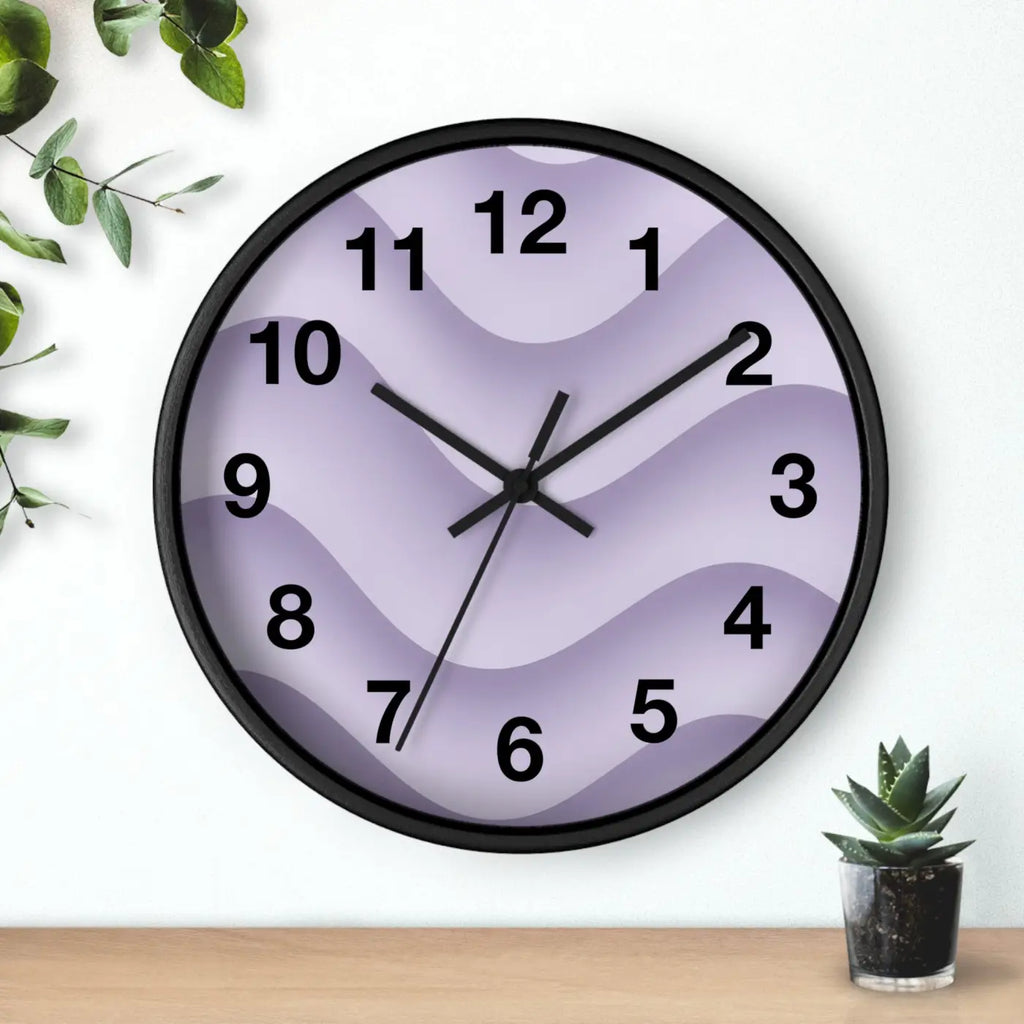 Lavender Wave Wall Clock - Abstract Purple Design Matte Black Frame - DipaliZ