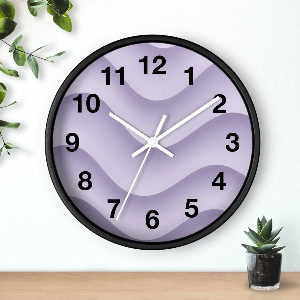 Lavender Wave Wall Clock - Abstract Purple Design Matte Black Frame - DipaliZ