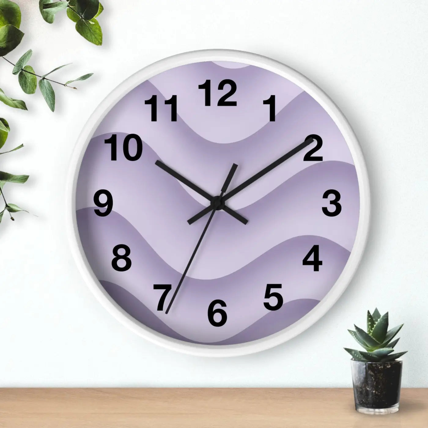 Lavender Wave Wall Clock - Abstract Purple Design Matte Black Frame - DipaliZ