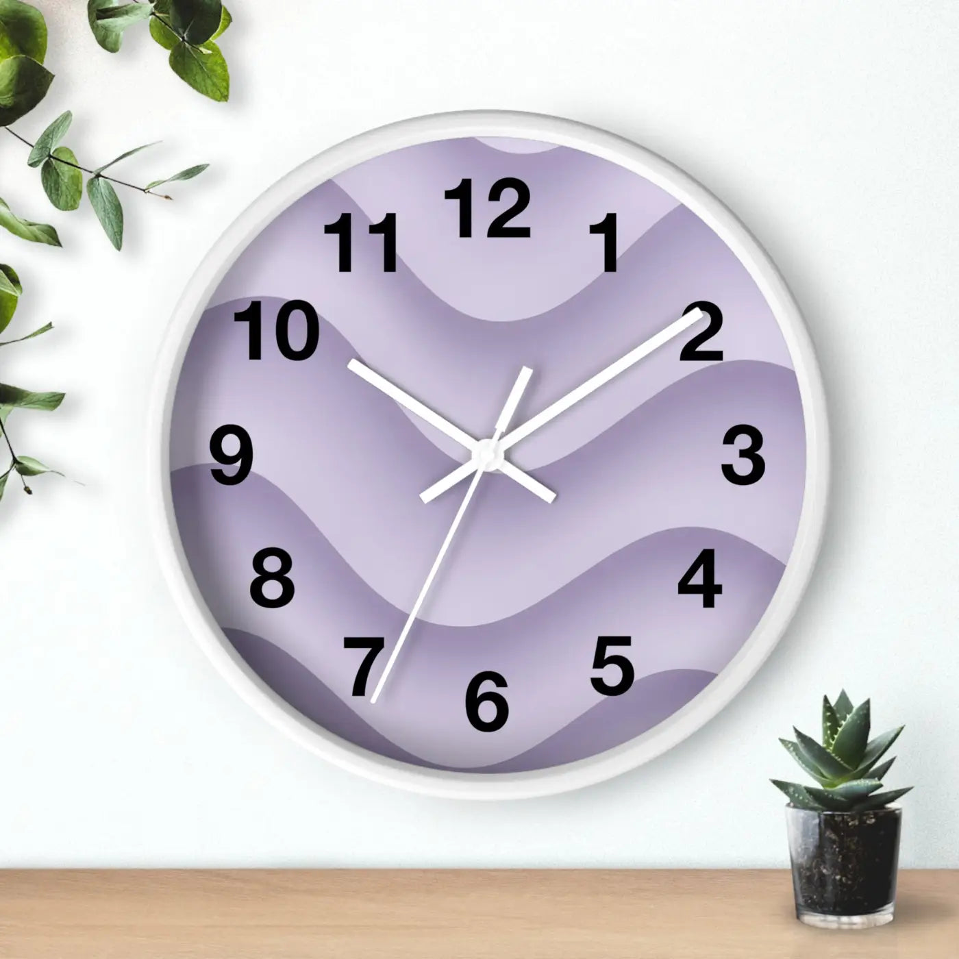 Lavender Wave Wall Clock - Abstract Purple Design Matte Black Frame - DipaliZ