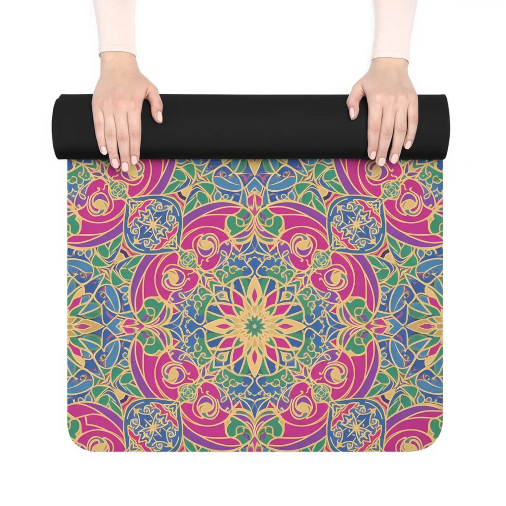Pink Teal Mandala Floral Rubber Yoga Mat - Microfiber Suede - DipaliZ