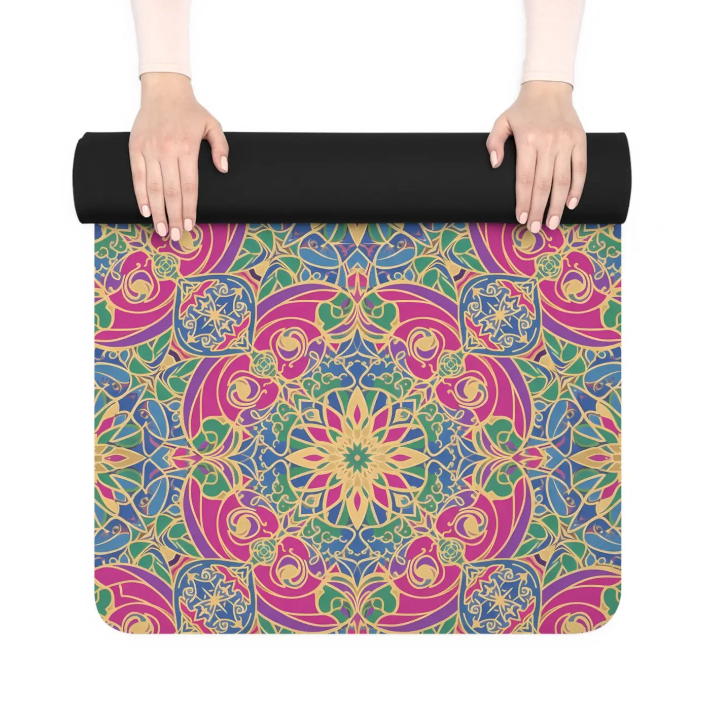 Pink Teal Mandala Floral Rubber Yoga Mat - Microfiber Suede - DipaliZ