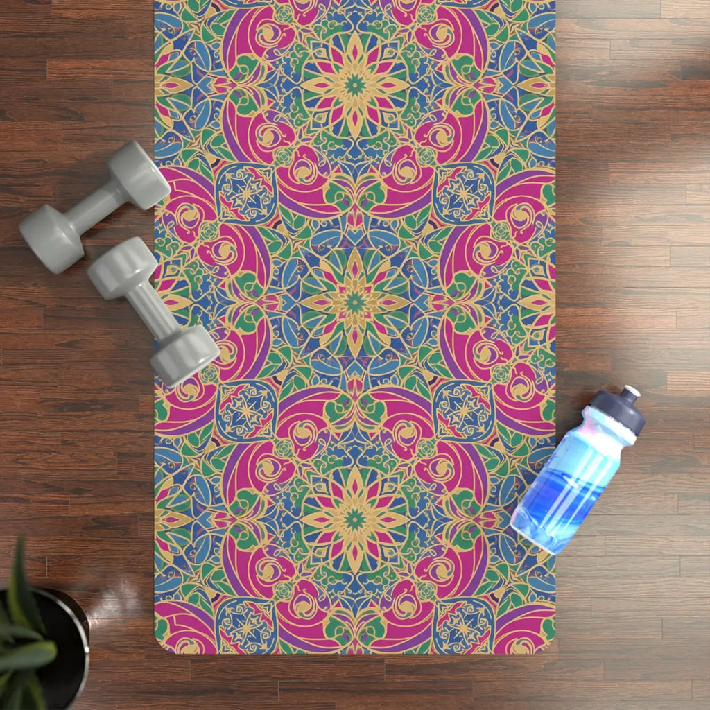 Pink Teal Mandala Floral Rubber Yoga Mat - Microfiber Suede - DipaliZ