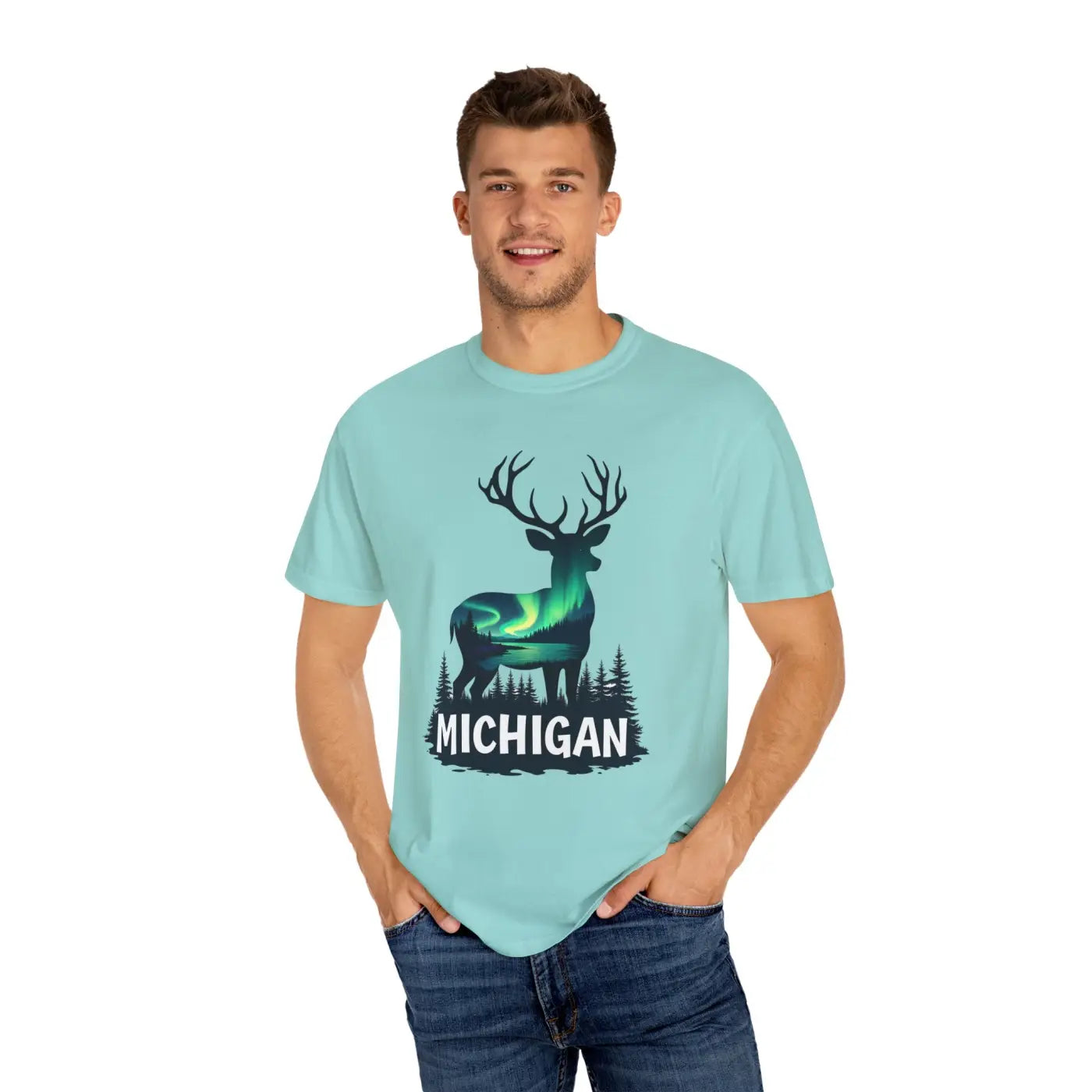 Michigan Aurora Deer Unisex Garment-Dyed T-Shirt - DipaliZ