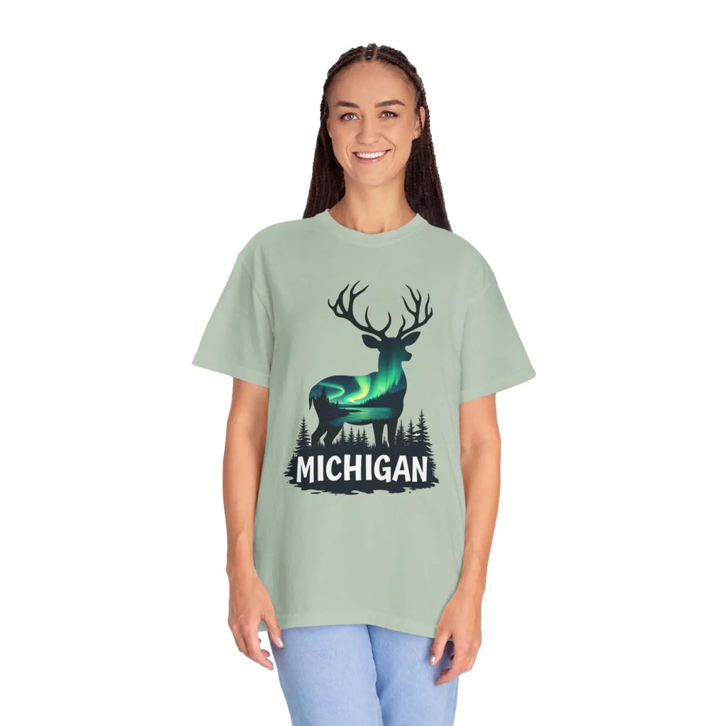 Michigan Aurora Deer Unisex Garment-Dyed T-Shirt - DipaliZ