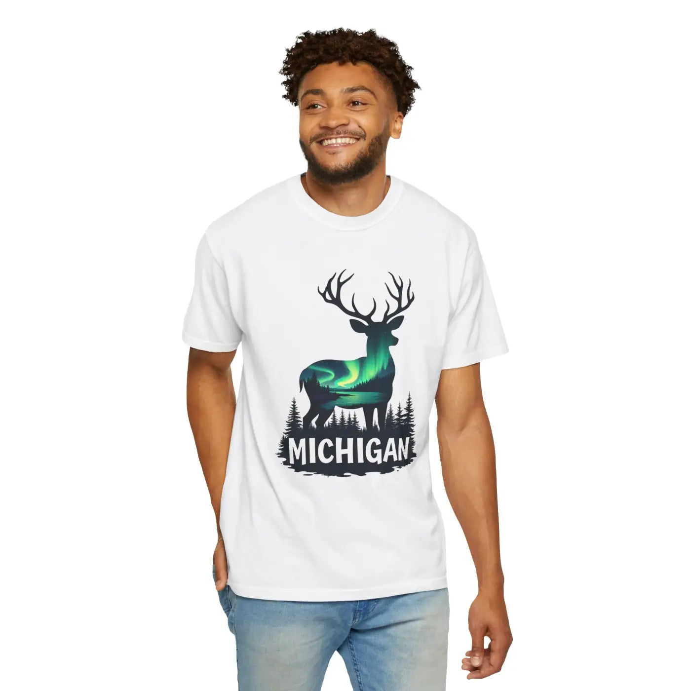Michigan Aurora Deer Unisex Garment-Dyed T-Shirt - DipaliZ