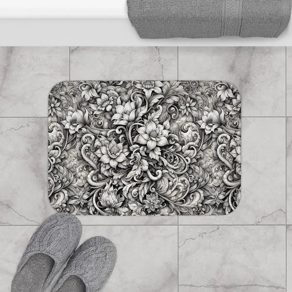 Floral Bath Mat - Monochromatic Large Design Anti-Slip - DipaliZ