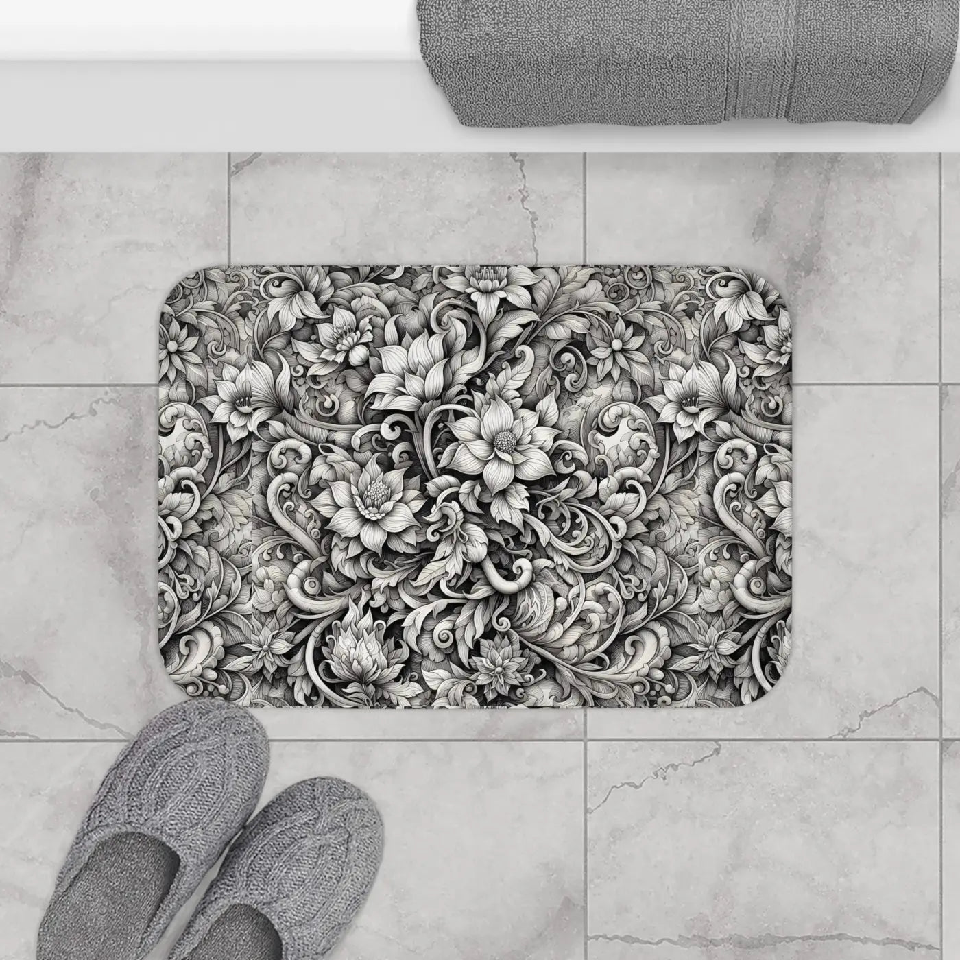 Floral Bath Mat - Monochromatic Large Design Anti-Slip - DipaliZ