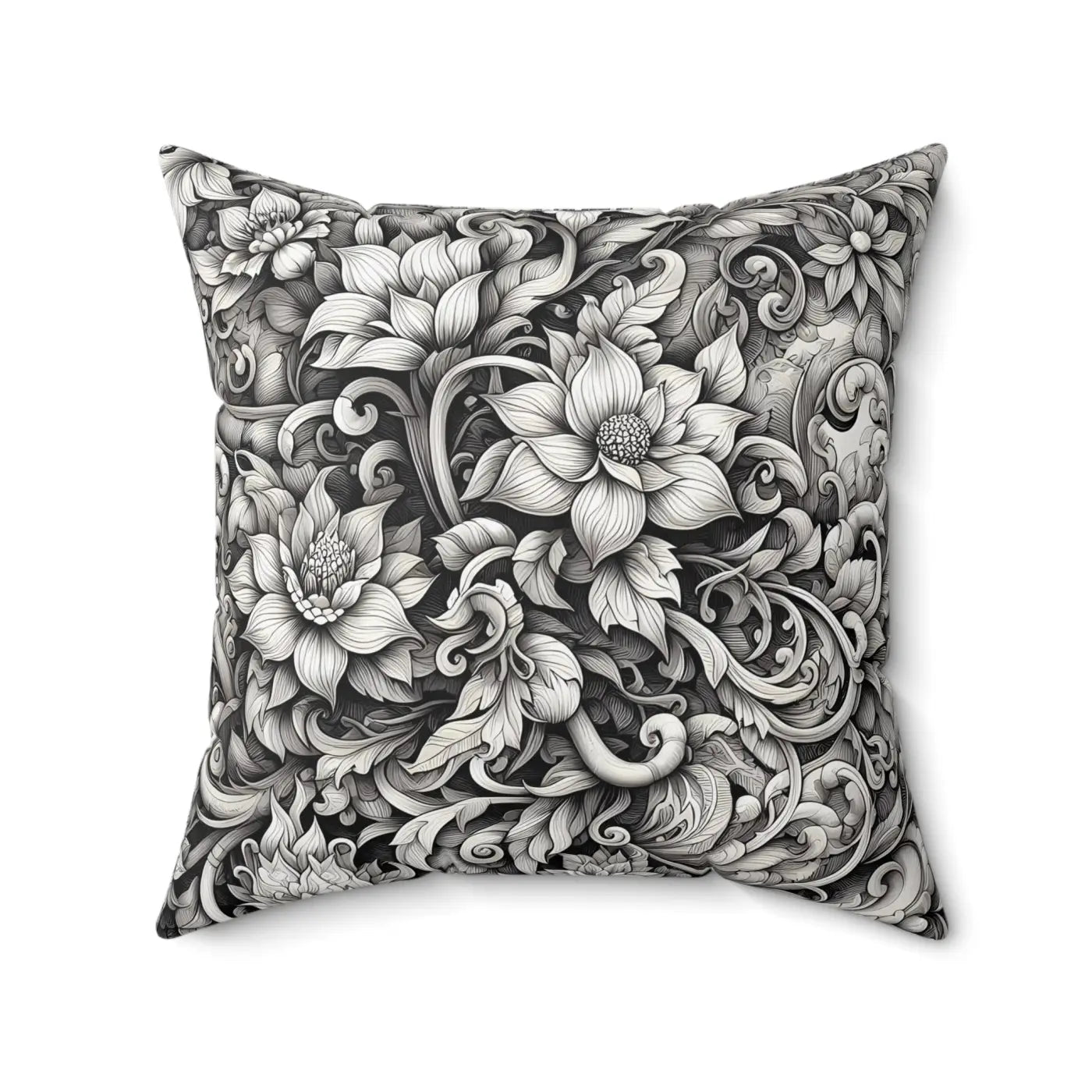 Monochrome Floral Spun Polyester Square Pillow - Double-Sided - DipaliZ