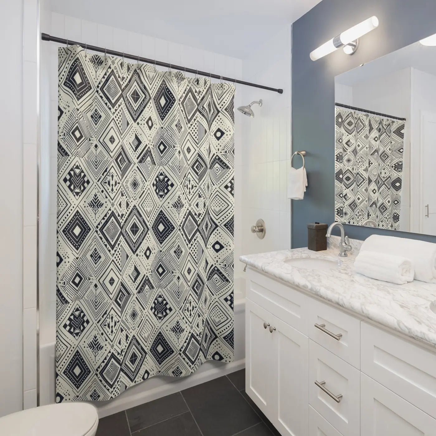 Monochrome Geometric Shower Curtain - Modern Bathroom Decor - DipaliZ