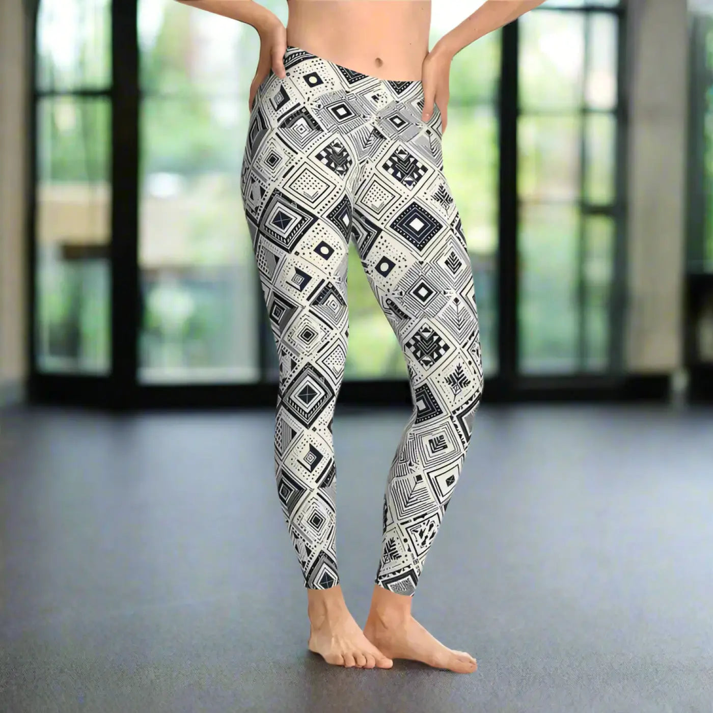 Geometric Stretchy Leggings - Monochrome Active Wear - DipaliZ