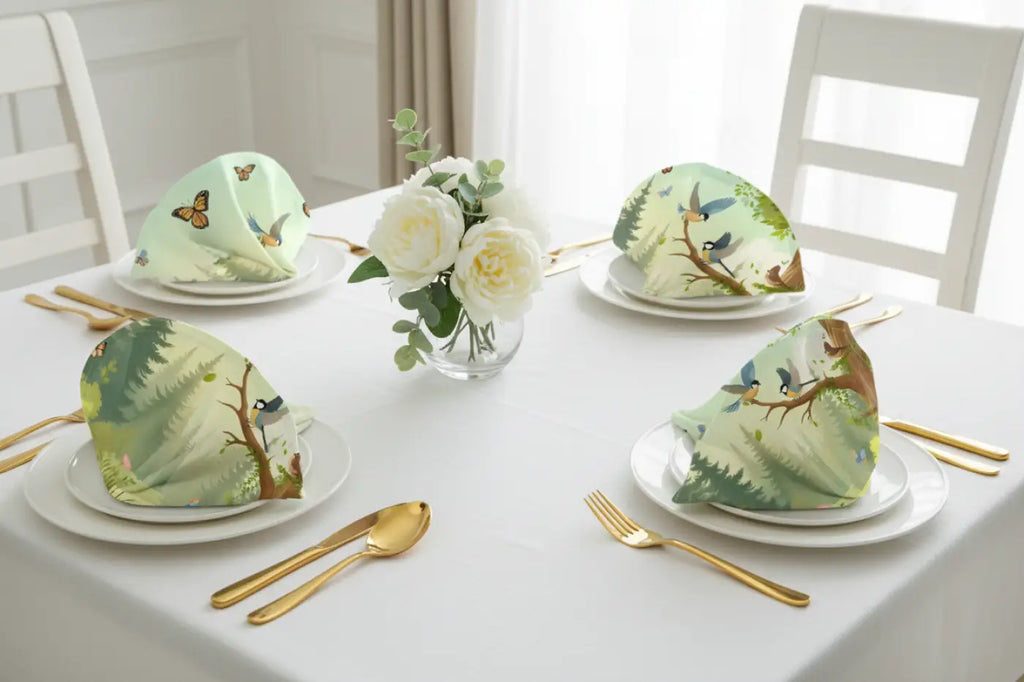 Nature-Inspired Napkin Set, Eco-Friendly Table Decor, Bird and Butterfly Design, Perfect for Gatherings, Picnics, and Spring Celebrations